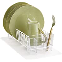 mDesign Escurridor de platos y vasos de metal – Con cesta para cubiertos de plástico y una pequeña esterilla de silicona…